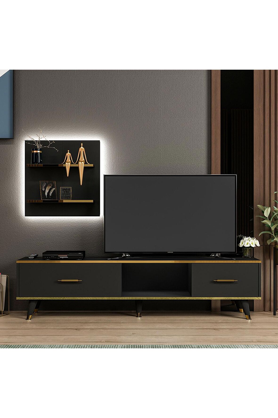 TV Ünitesi Avon Antrasit Gold Ledli 180 cm