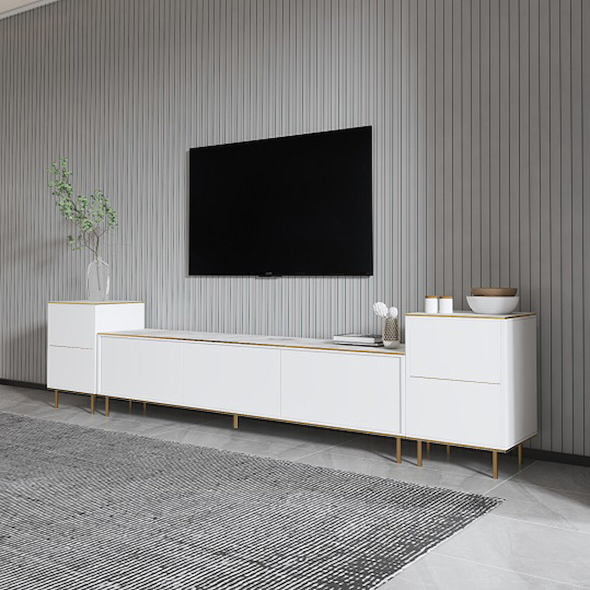 TV Sehpası Kozan Set Beyaz Mermer Desen Gold 260 cm