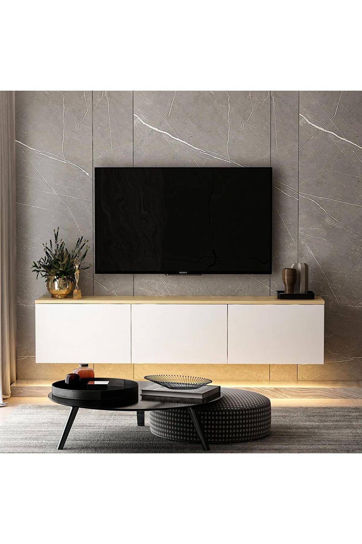 TV Sehpası Norm Duvara Monte Beyaz Safir Meşe LED Işıklı 160 cm