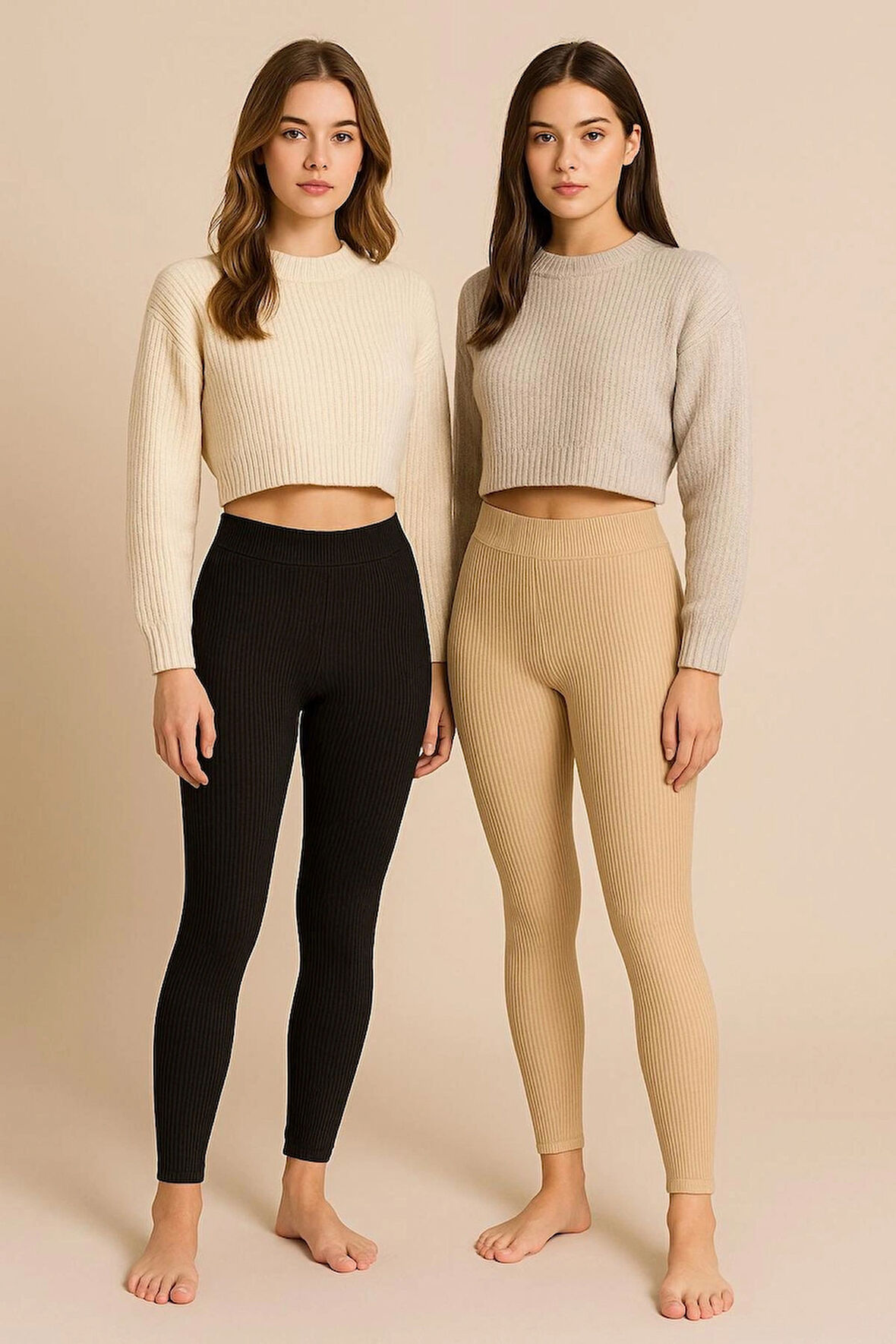 3'lü Set Kışlık Süper Şardonlu Pofuduk Kadın Tayt (2 Siyah - 1 Ten)