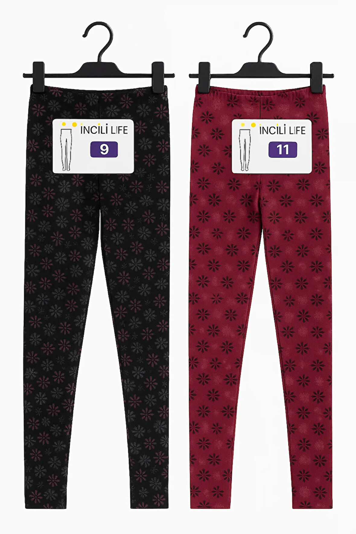 2'li Kışlık Şardonlu Baskılı Çocuk Tayt Seti - Sıcak ve Esnek - Siyah - Bordo