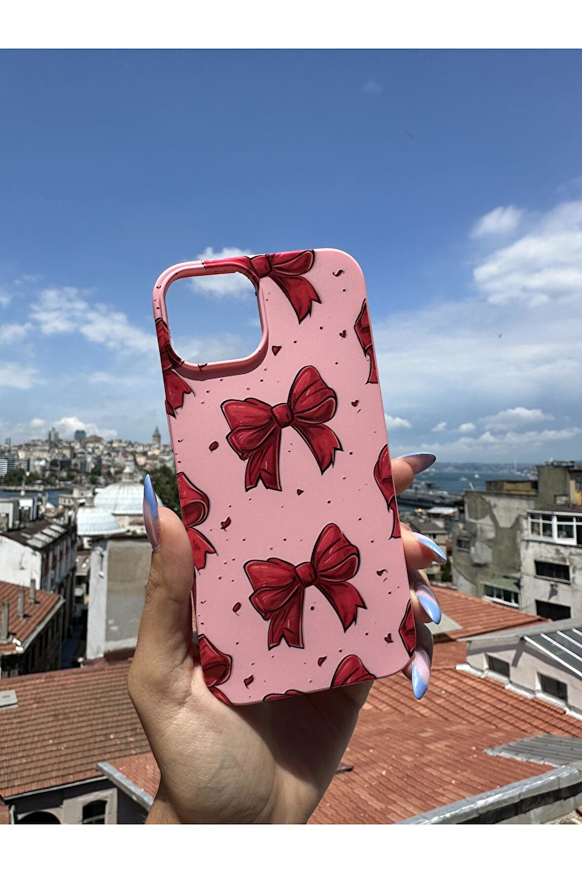 İnfinix Hot 20İ Uyumlu Kırmızı Kurdele Tasarımlı Telefon Kılıfı - Şeker Pembe