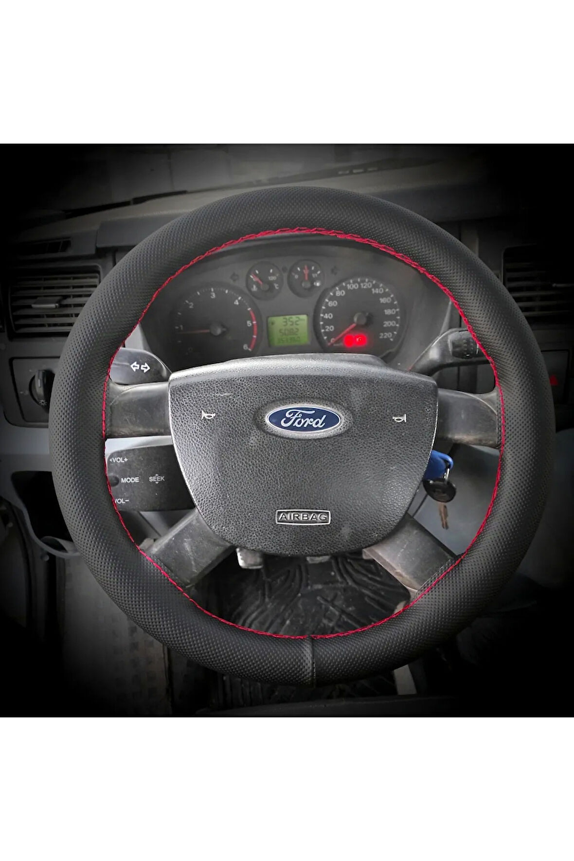 DİKİŞLİ DİREKSİYON KILIFI İTHAL NOKTALI DERİ KIRMIZI DİKİŞLİ FORD TRANSİT İÇİN