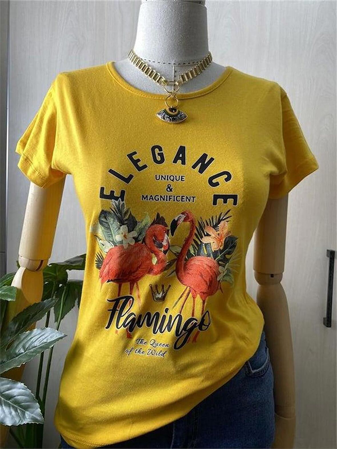 Flamingo Baskılı Sarı Tshirt