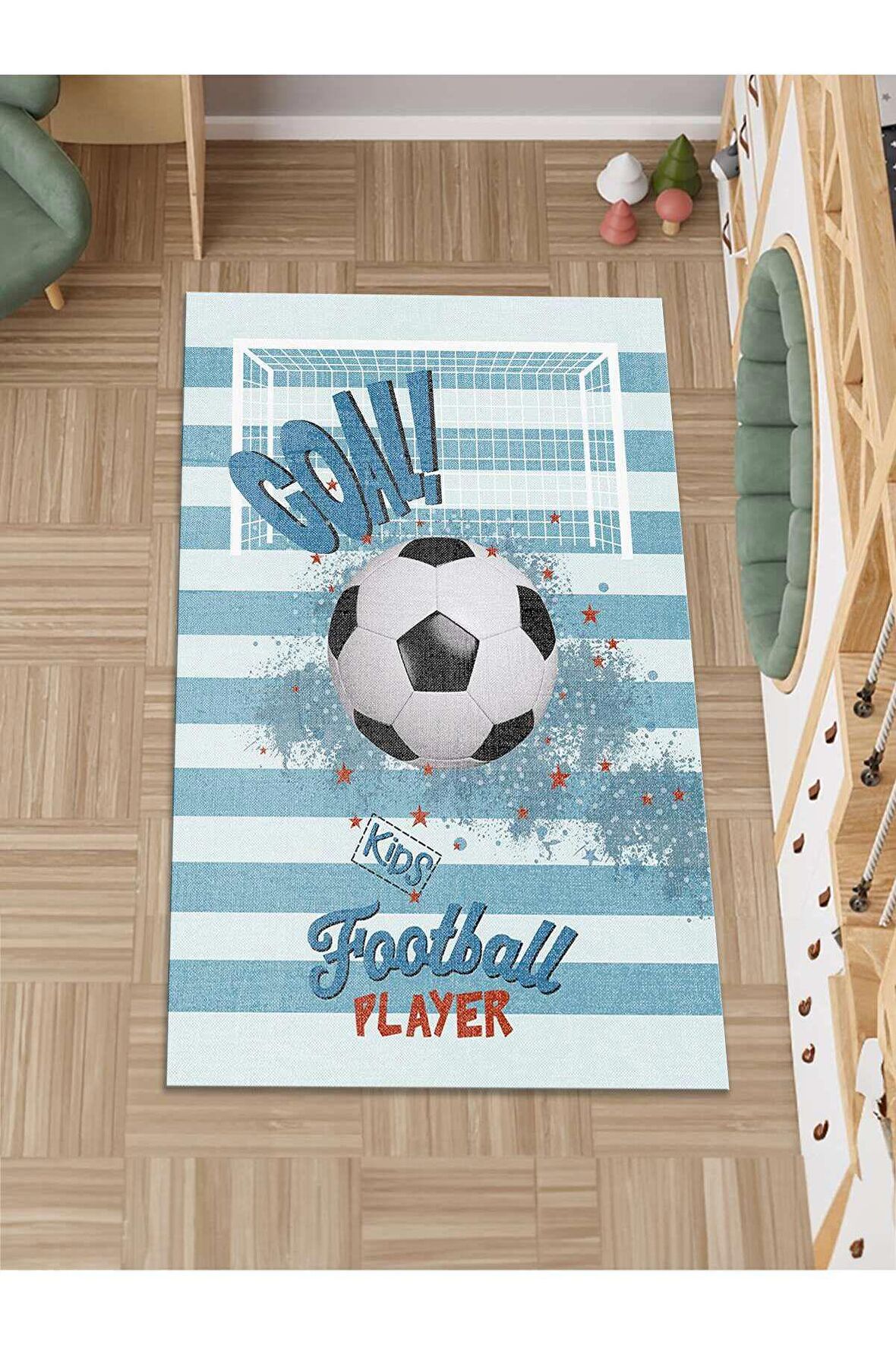 Futbol Saha Desenli Yeşil  Halı Yıkanabilir Kaymaz Taban Çocuk Odası