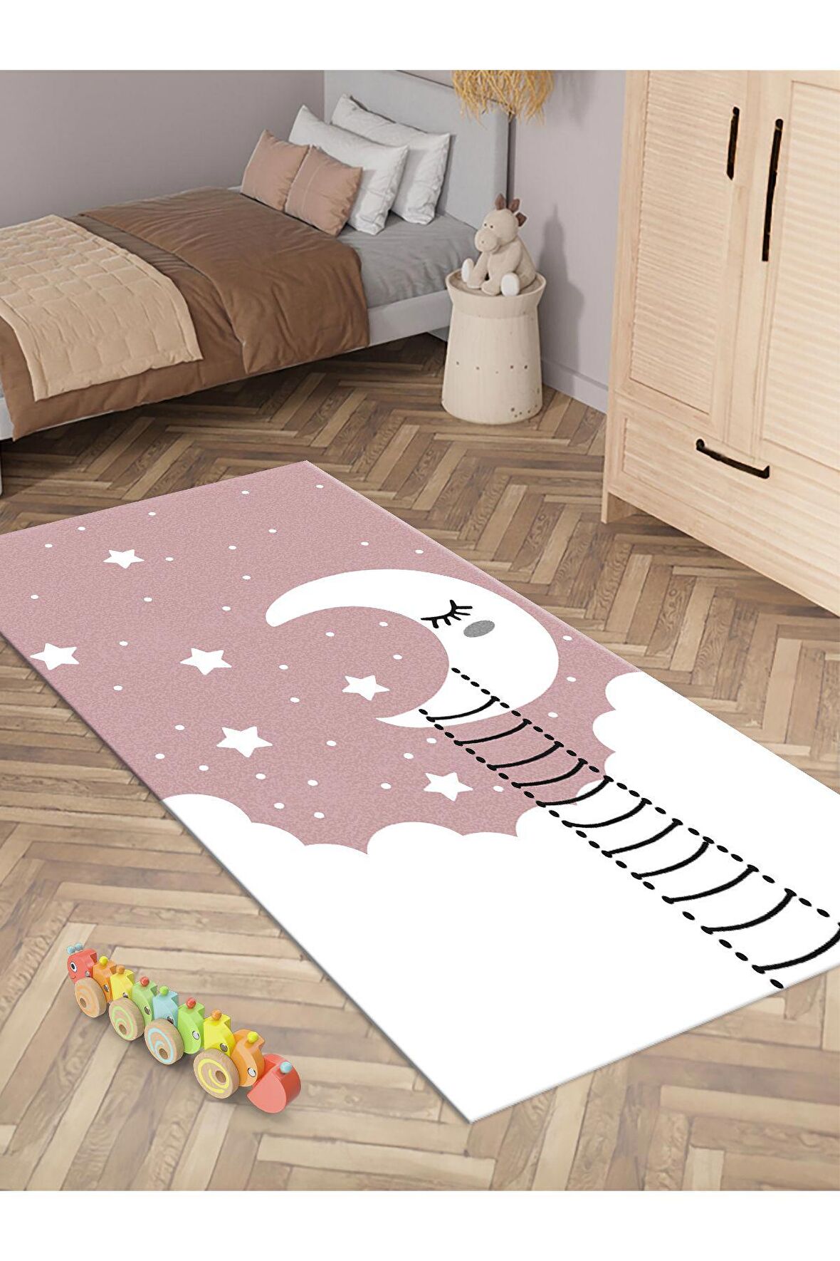 Yıldız ve Ay Desenli Halı Yıkanabilir Kaymaz Taban Çocuk Odası
