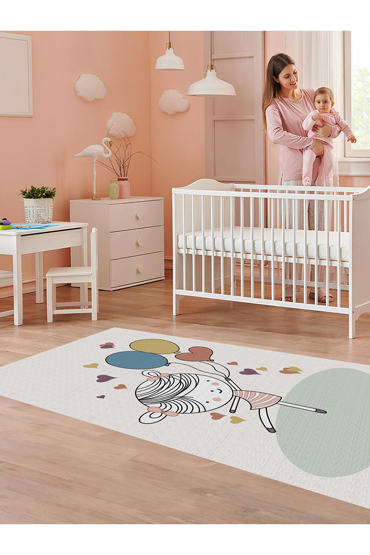 Balon Tutan Kız Halısı Yıkanabilir Kaymaz Taban Bebek ve Çocuk Odası