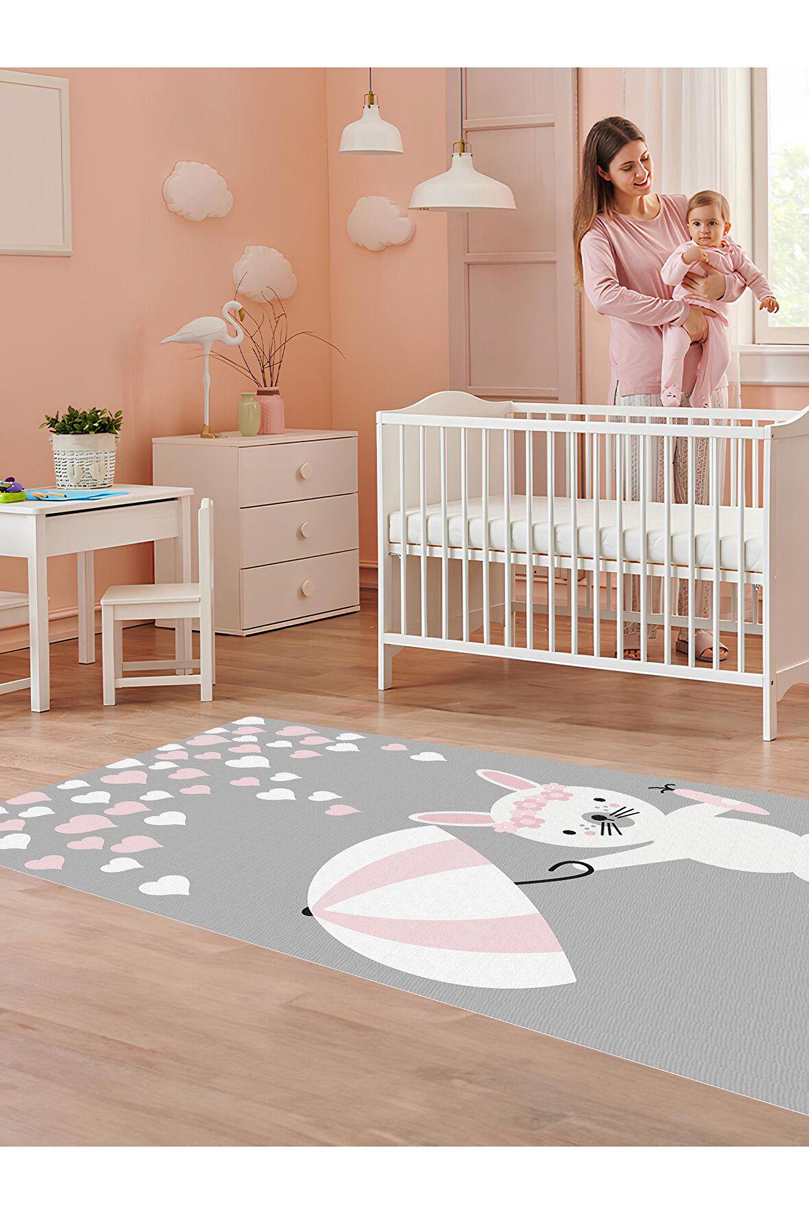 Tavşan Desenli Halı Yıkanabilir Kaymaz Taban Bebek ve Çocuk Odası