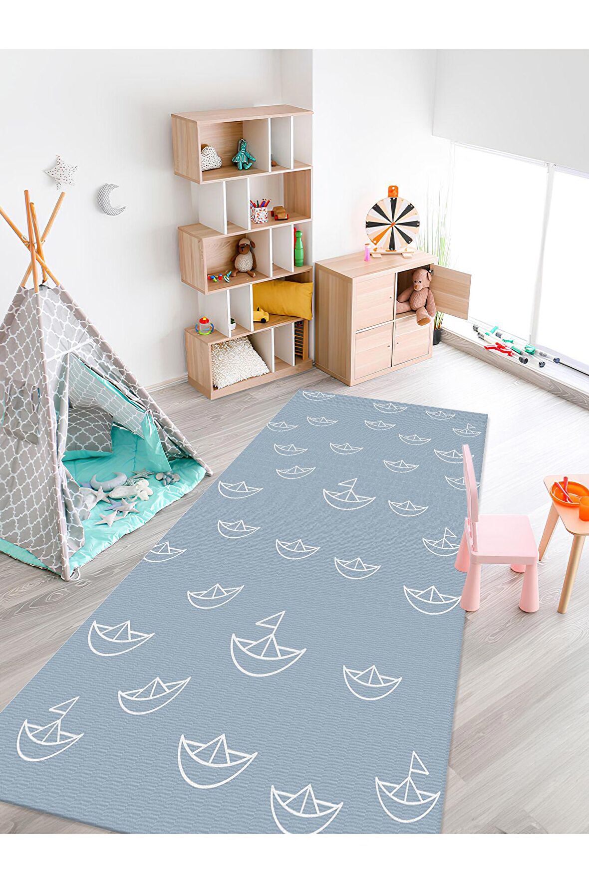 Gemi Desenli Halı Yıkanabilir Kaymaz Taban Bebek ve Çocuk Odası