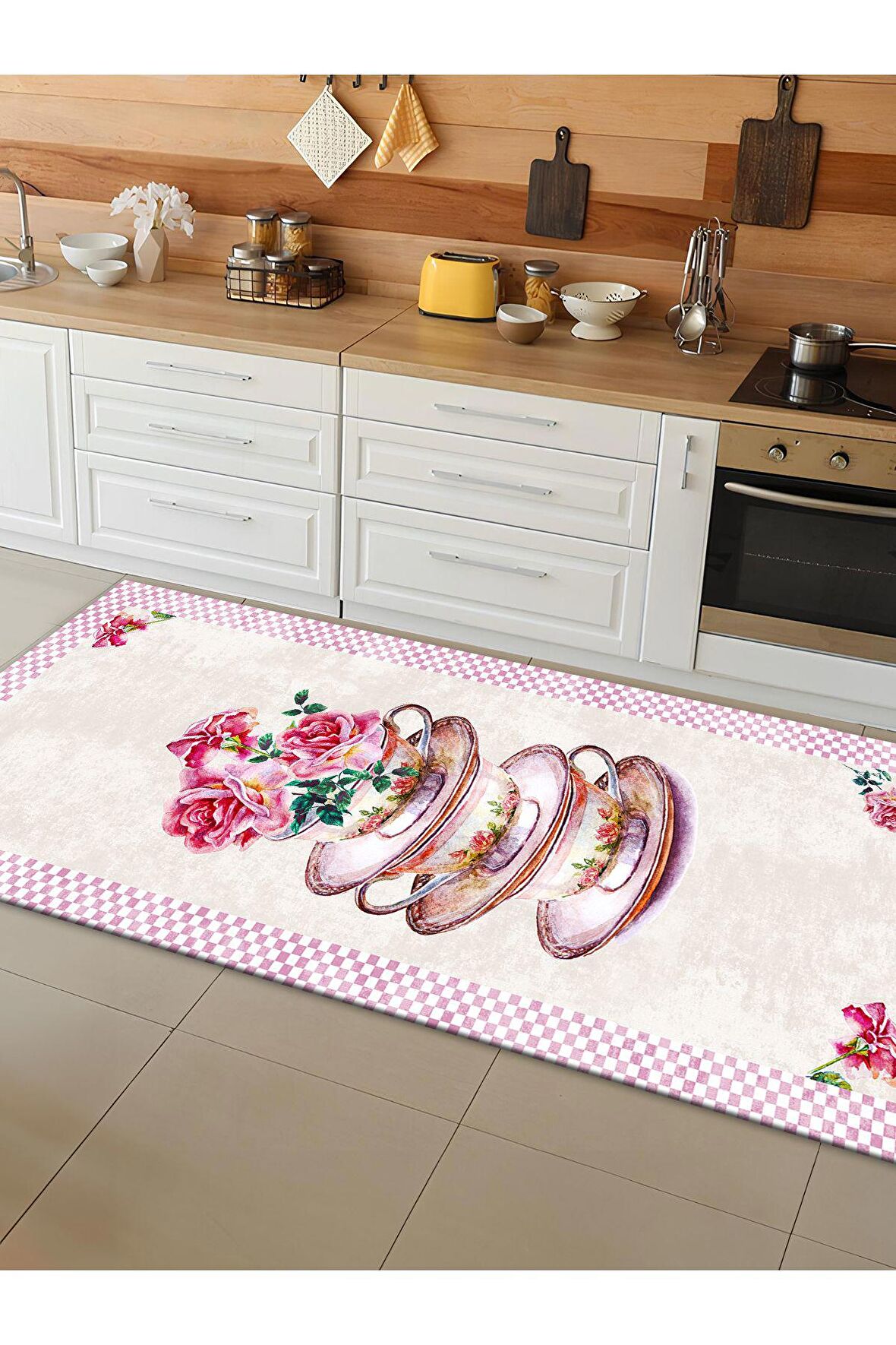 Makinede Yıkanabilir Kaymaz Taban Leke Tutmaz Dijital Baskı Mutfak Halısı