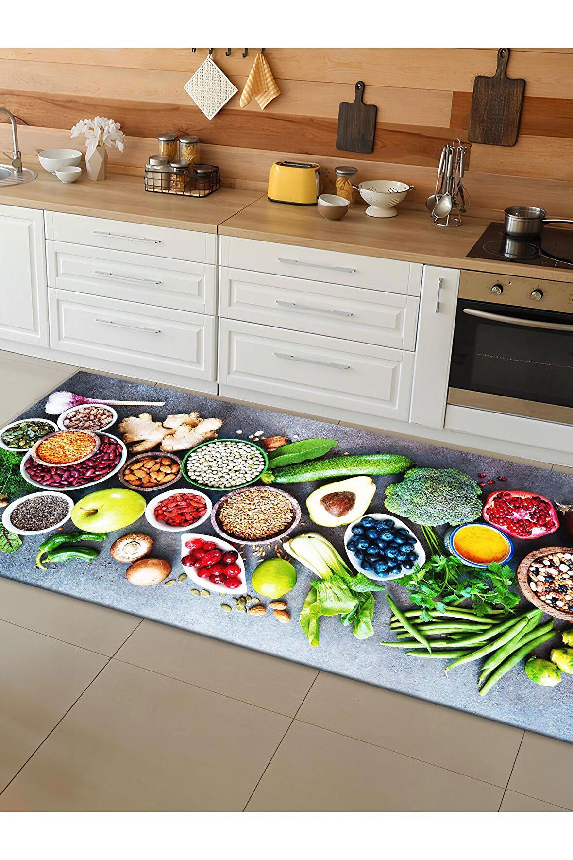 Makinede Yıkanabilir Kaymaz Taban Leke Tutmaz Dijital Baskı Mutfak Halısı
