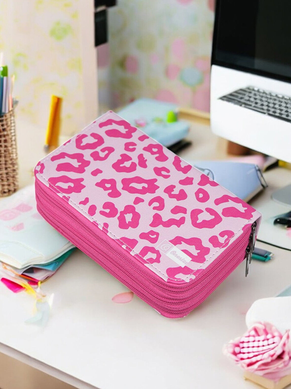 Kalemlik Leopar Pembe-Pembe Üç Bölmeli Vegan Deri (Kalem Kutusu)
