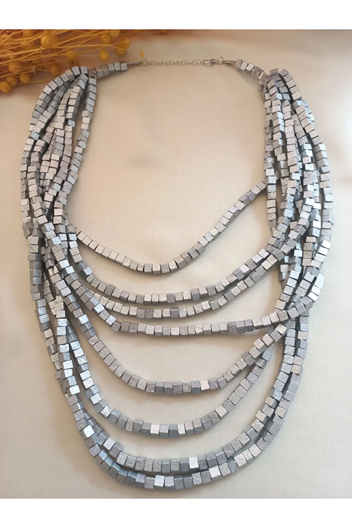 8 Sıra Bambu Silver Ahşap Çoklu Kolye