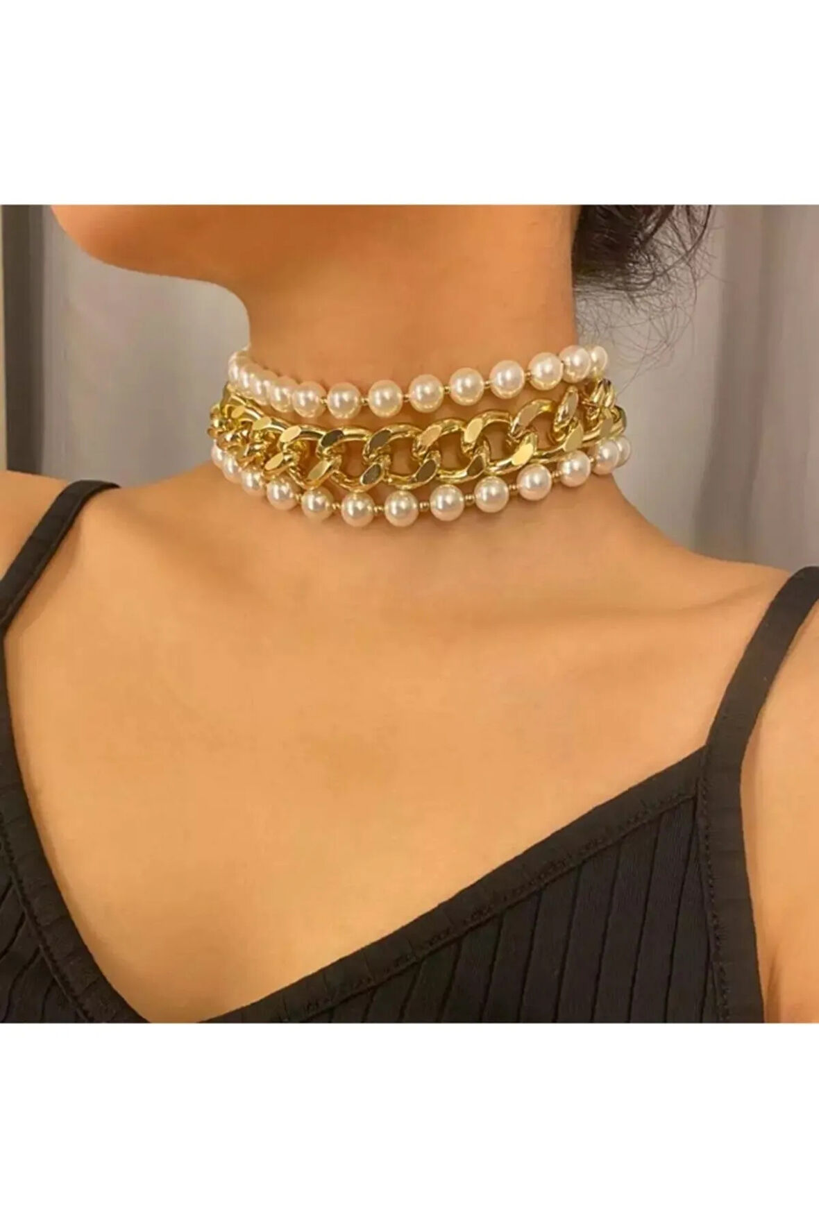 Kadın Cift Incili Gold Zıncır Choker Kolye