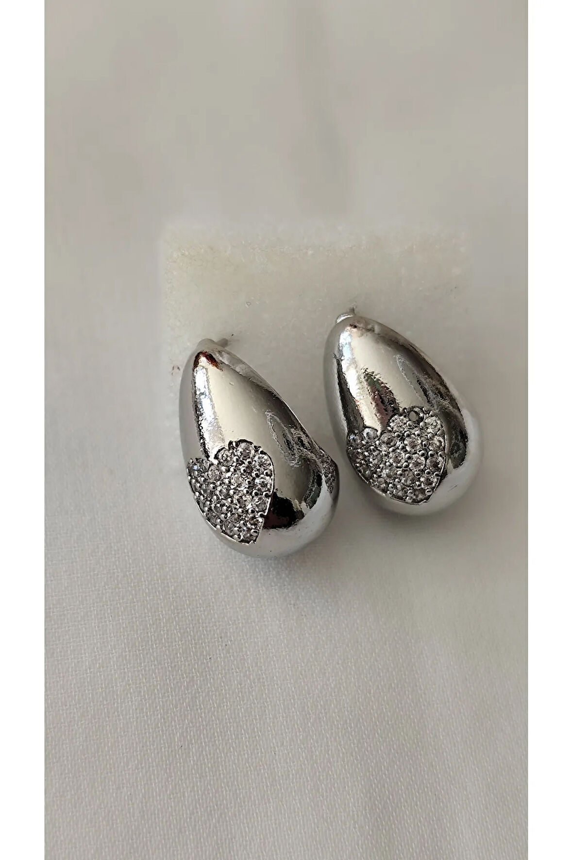 ZİRKON KALP DAMLA METAL SİLVER KÜPE
