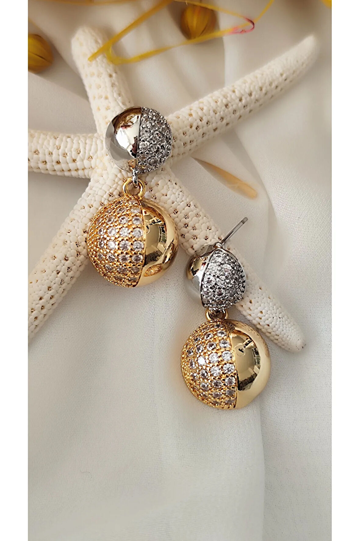ZİRKON ÇİFT TOP METAL GOLD KÜPE