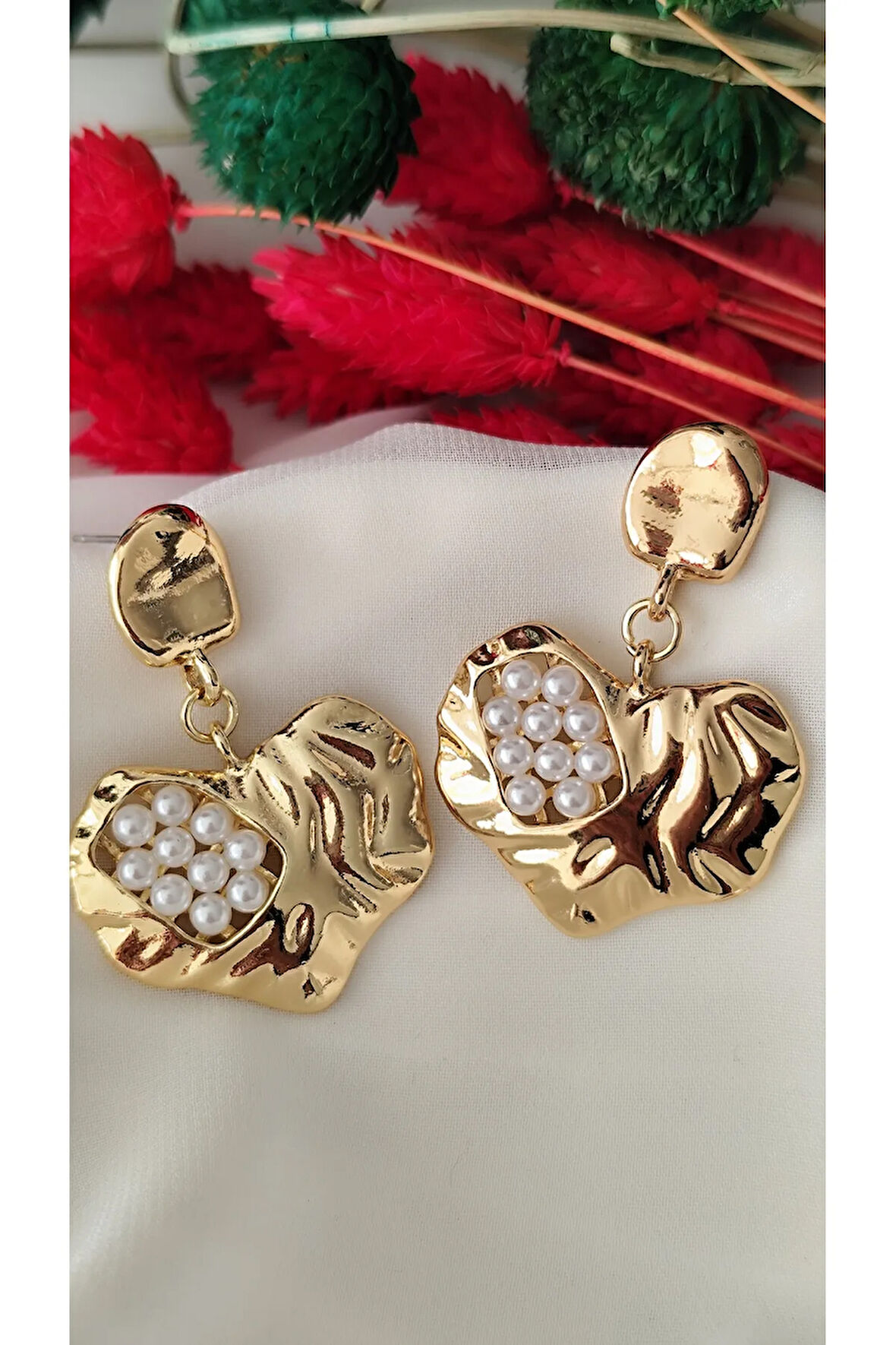 PRESS İNCİLİ KALP METAL GOLD KÜPE