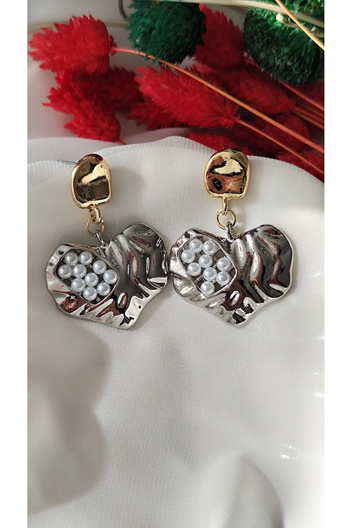 PRESS İNCİLİ KALP METAL GOLD SİLVER KÜPE