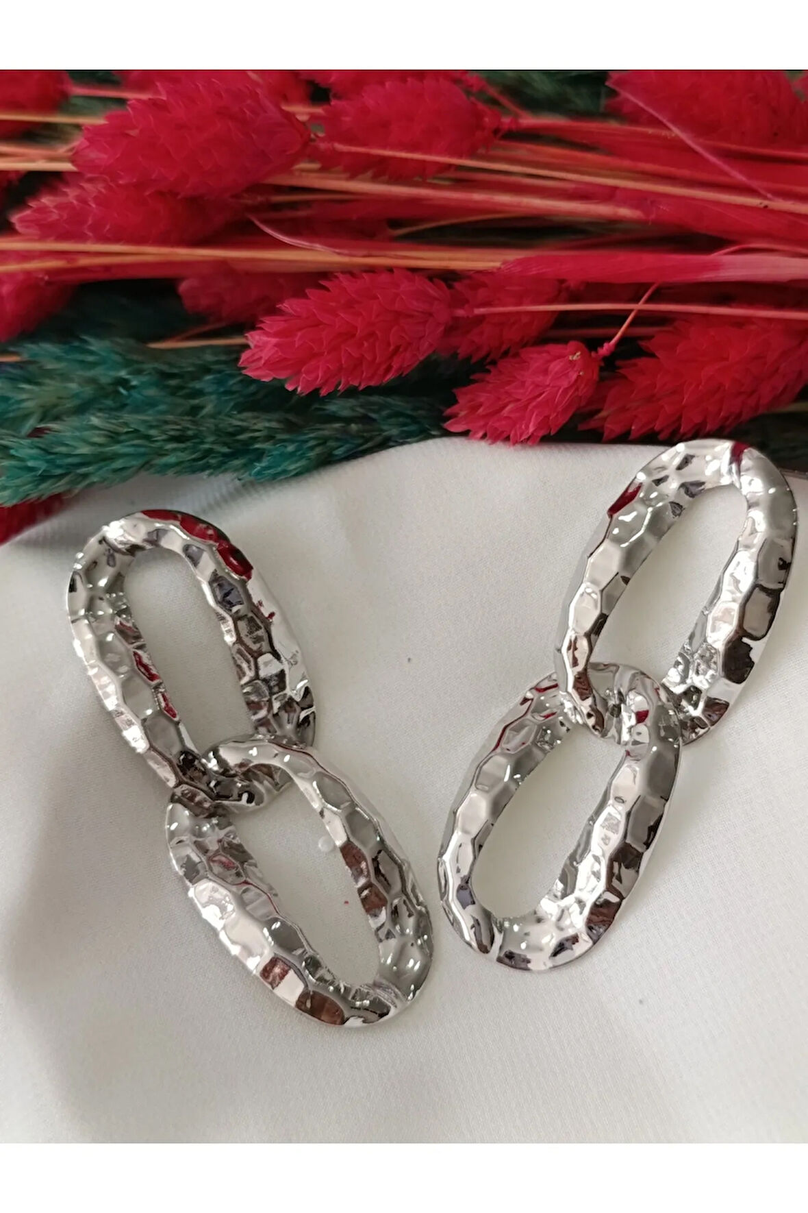 PRESS ÇİFT GEÇMELİ ZİNCİR METAL SİLVER KÜPE