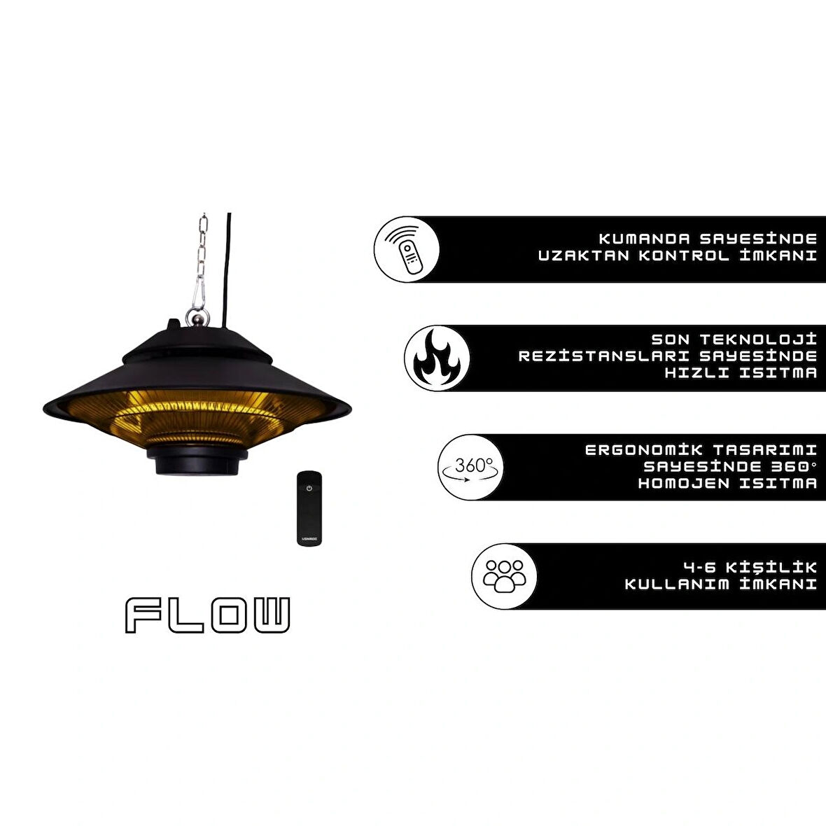 Flow IP44 1500W Sarkıt Isıtıcı Dış ve İç Mekan | Uzaktan Kumandalı