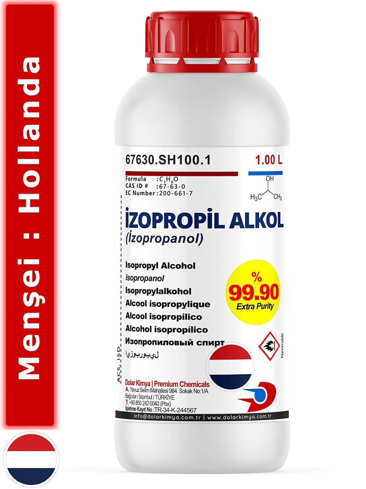 İzoPropil Alkol (İPA) (Hollanda Menşeili) | Extra Saf %99.90 | Dezenfektan | 1.00 Litre