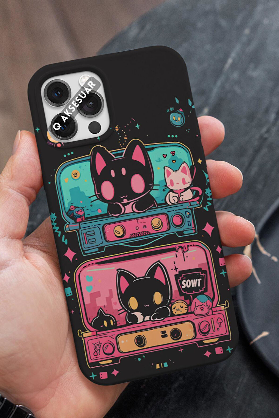 İphone 13 Mini Uyumlu Çizim Kedi Tasarımlı Premium Telefon Kılıfı