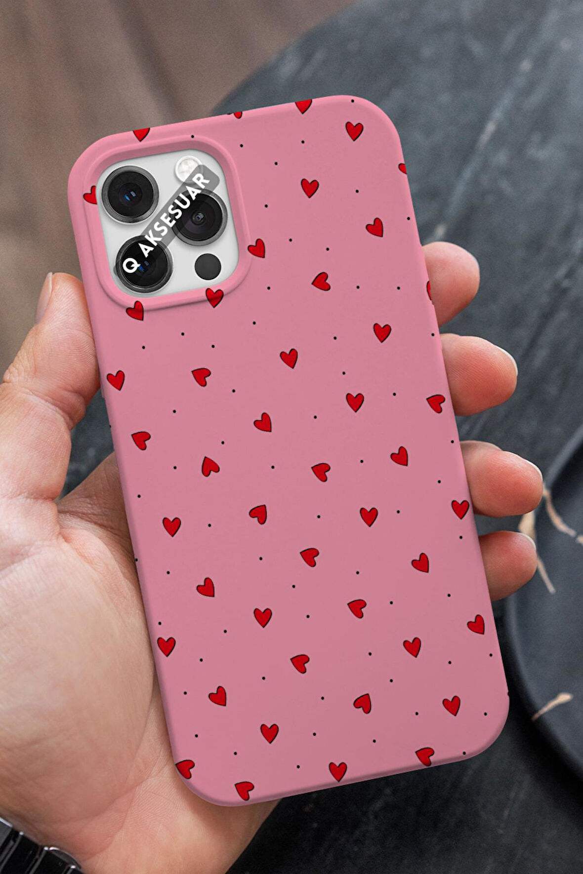 İphone 13 Pro Uyumlu Mini Kalpler Tasarımlı Şeker Pembe Premium Telefon Kılıfı