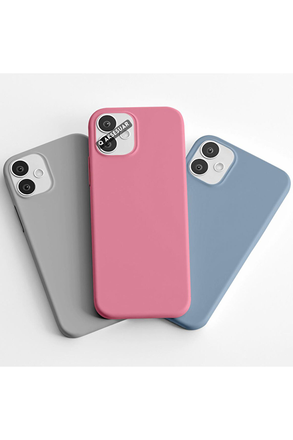 İphone 14 Uyumlu 3'lü Set Basic Telefon Kılıfı Koyu Gri-Şeker Pembe-Bebe Mavi