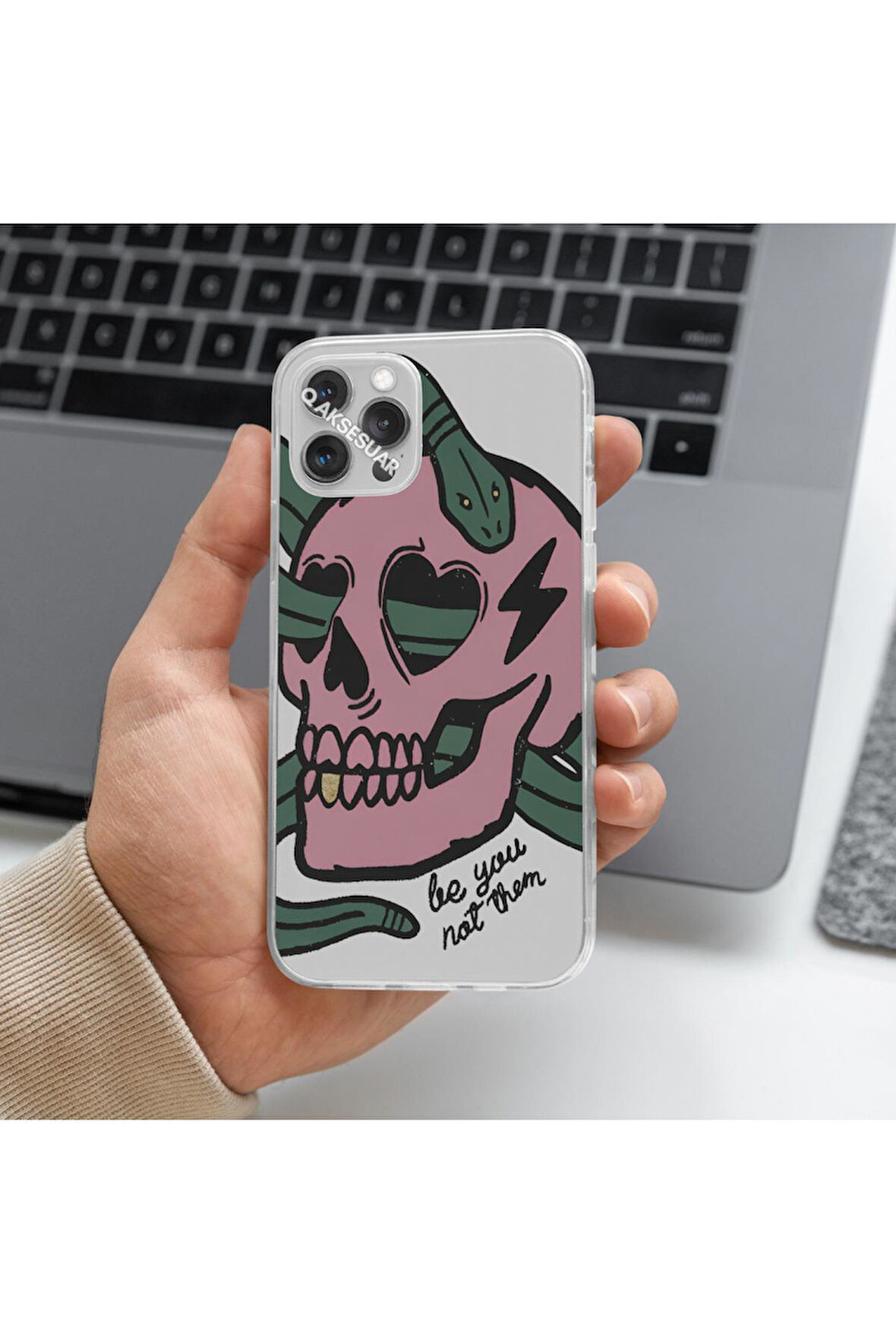 İphone 14 Uyumlu Kuru Kafa Tasarımlı Premium Şeffaf Telefon Kılıfı