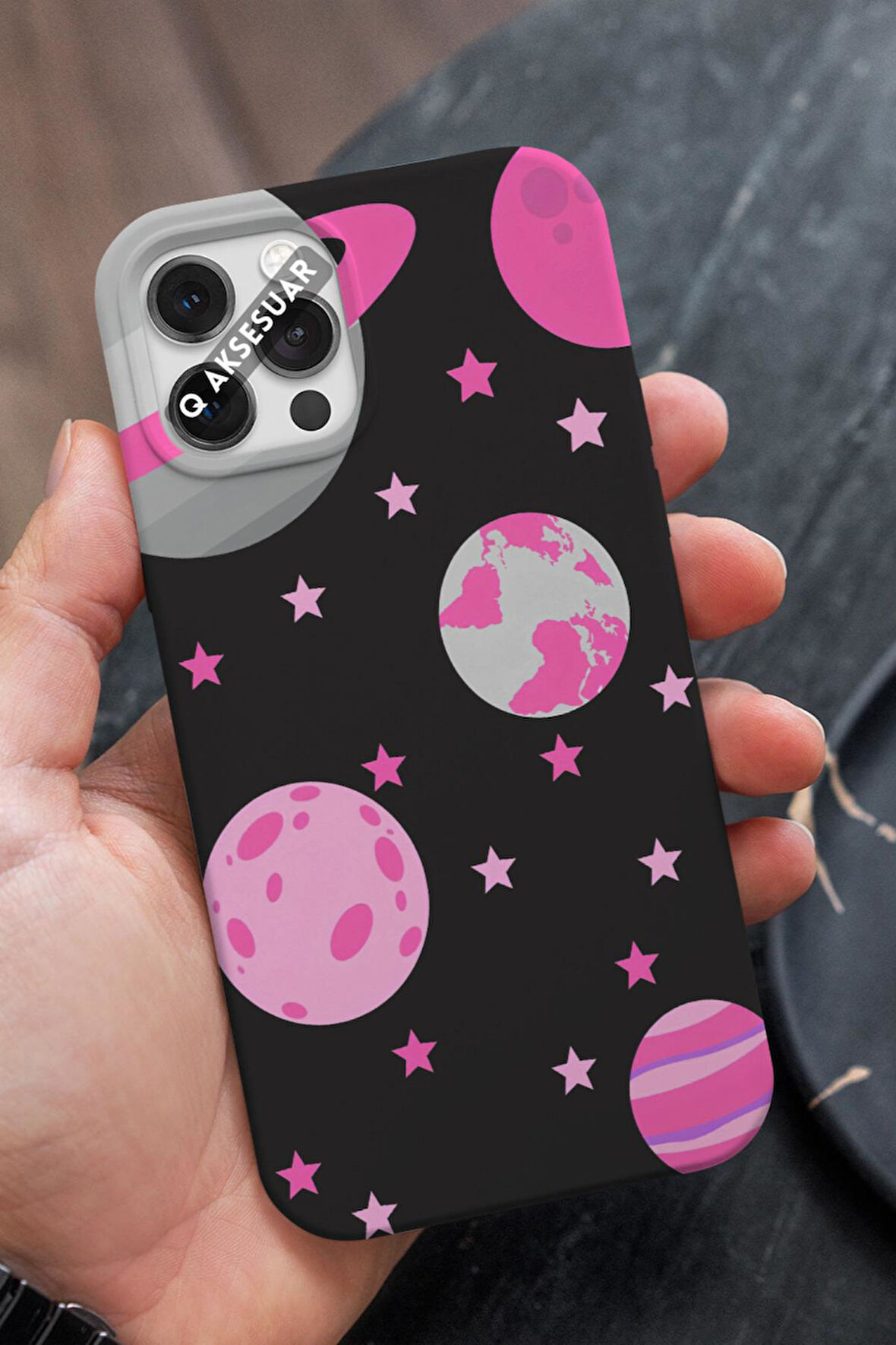 İphone 15 Uyumlu Pembe Gezegenler Tasarımlı Premium Telefon Kılıfı
