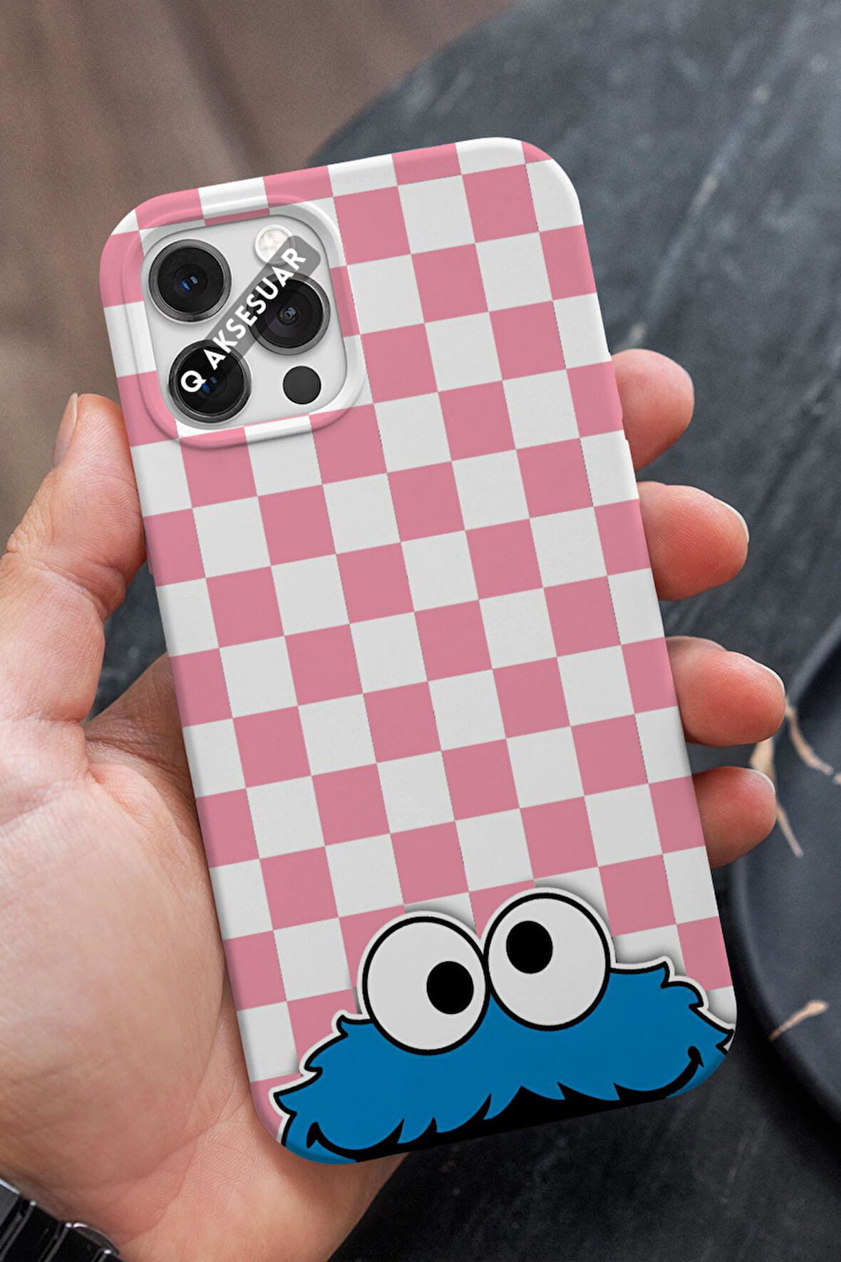 İphone 15 Plus Uyumlu Beyaz Kare Tasarımlı Şeker Pembe Premium Telefon Kılıfı