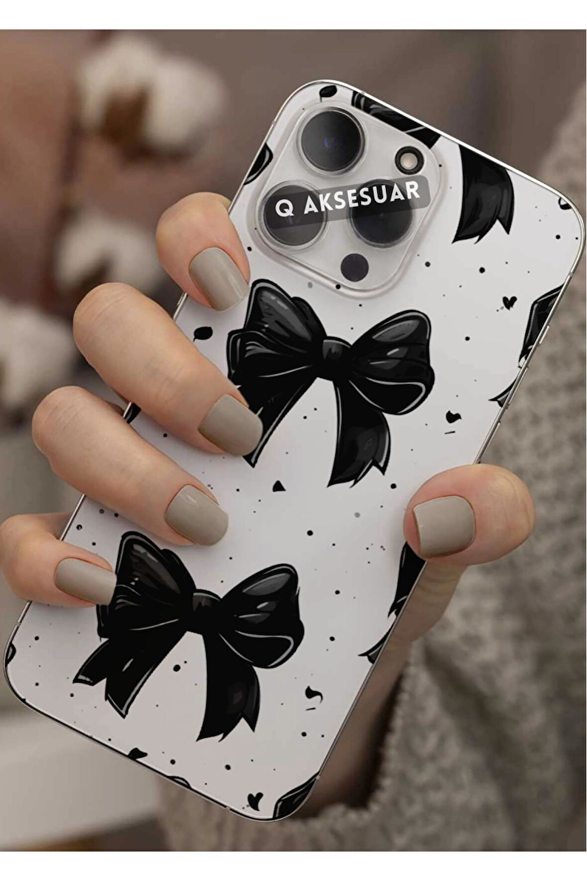 İphone 17 Pro Max Uyumlu Siyah Kurdele Tasarımlı Şeffaf Telefon Kılıfı Kapak Case