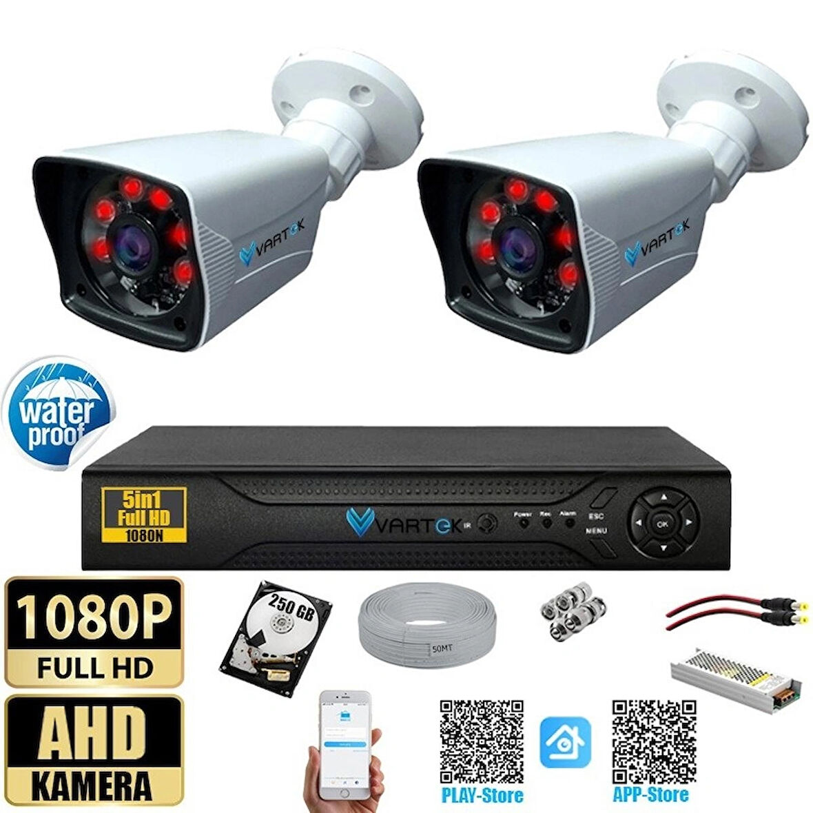 2 Kameralı 250 GB HDD 5MP Lensli 1080P FULLHD Kamera Seti - Su Gecirmez- Sabit İP Gerektirmez