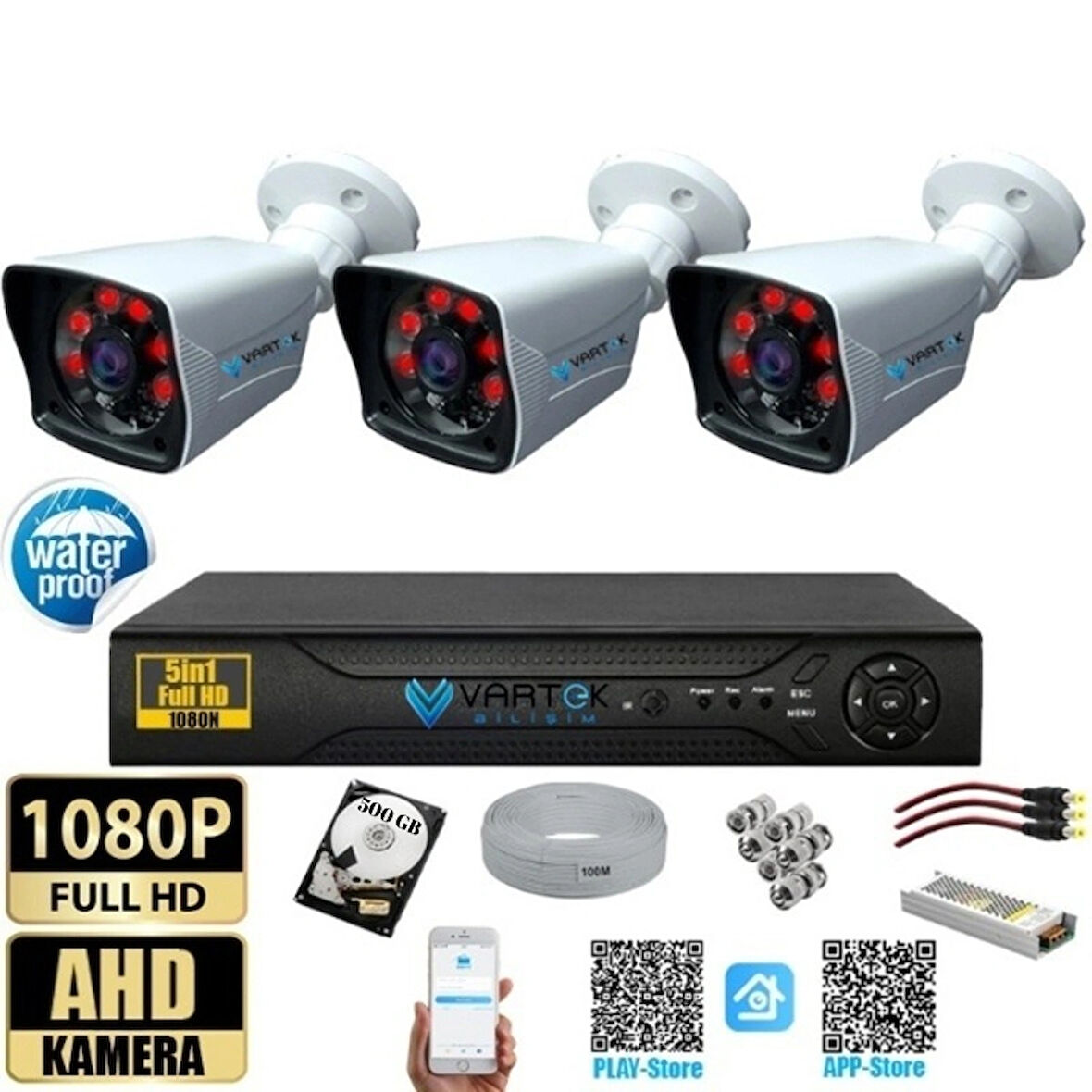3 Kameralı 500 GB HDD 5MP Lensli 1080P FULLHD Kamera Seti - Su Gecirmez- Sabit İP Gerektirmez