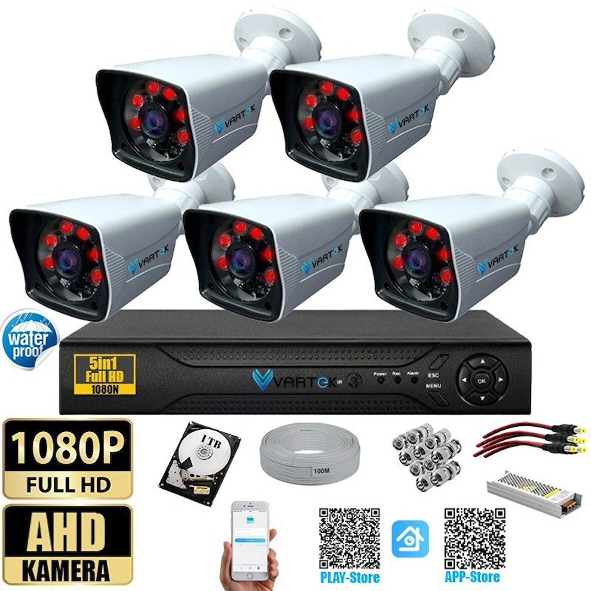 5 Kameralı 1 TB HDD 5MP Lensli 1080P FULLHD Kamera Seti - Su Gecirmez- Sabit İP Gerektirmez