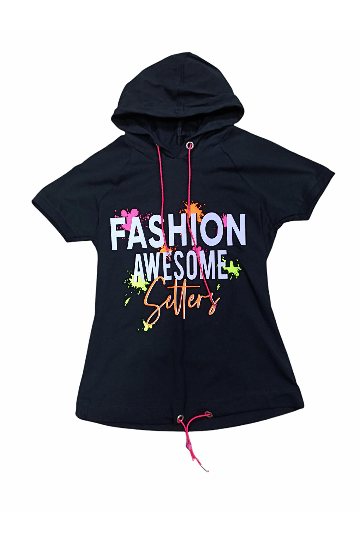 Kız Çocuk Fashion Yazı Desenli Kapüşonlu Tişört