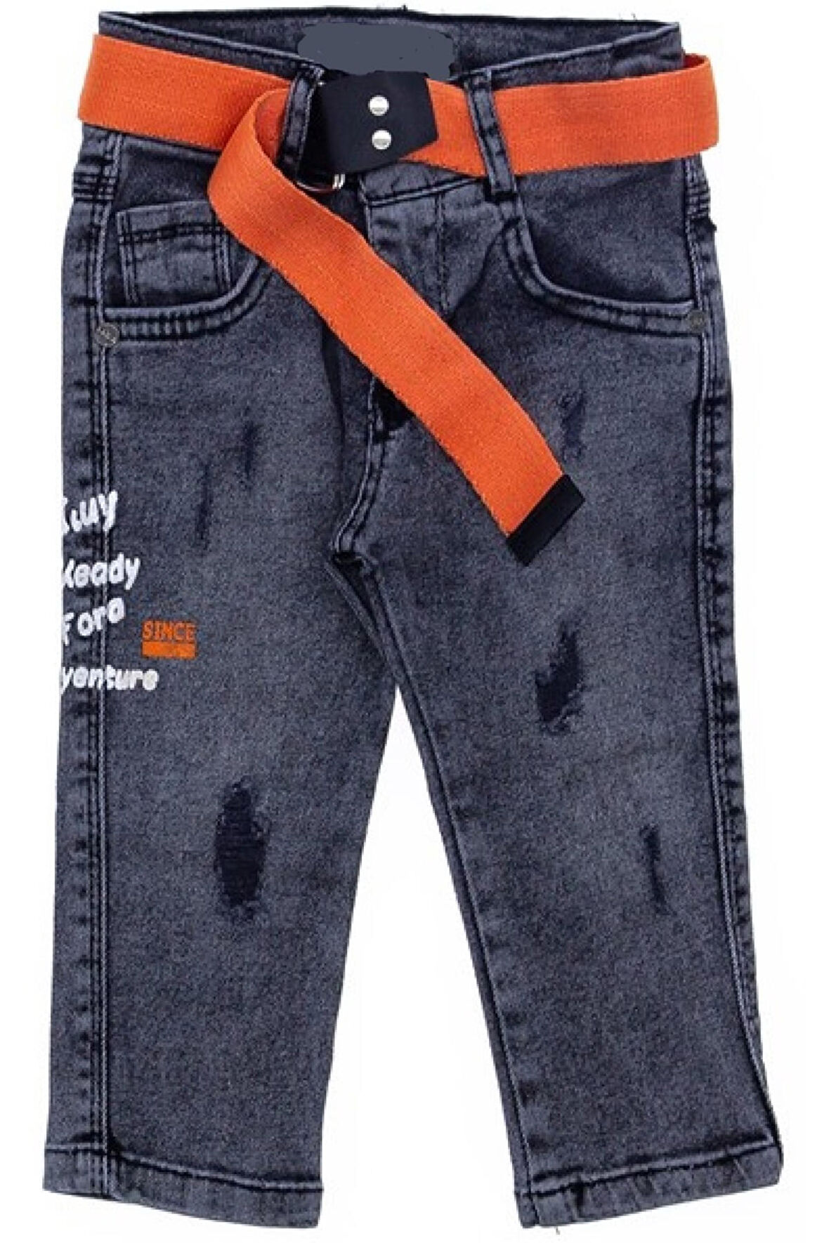 Erkek Çocuk Ready Yazı Desen Yırtık Detaylı Kemerli Füme Kot Pantolon