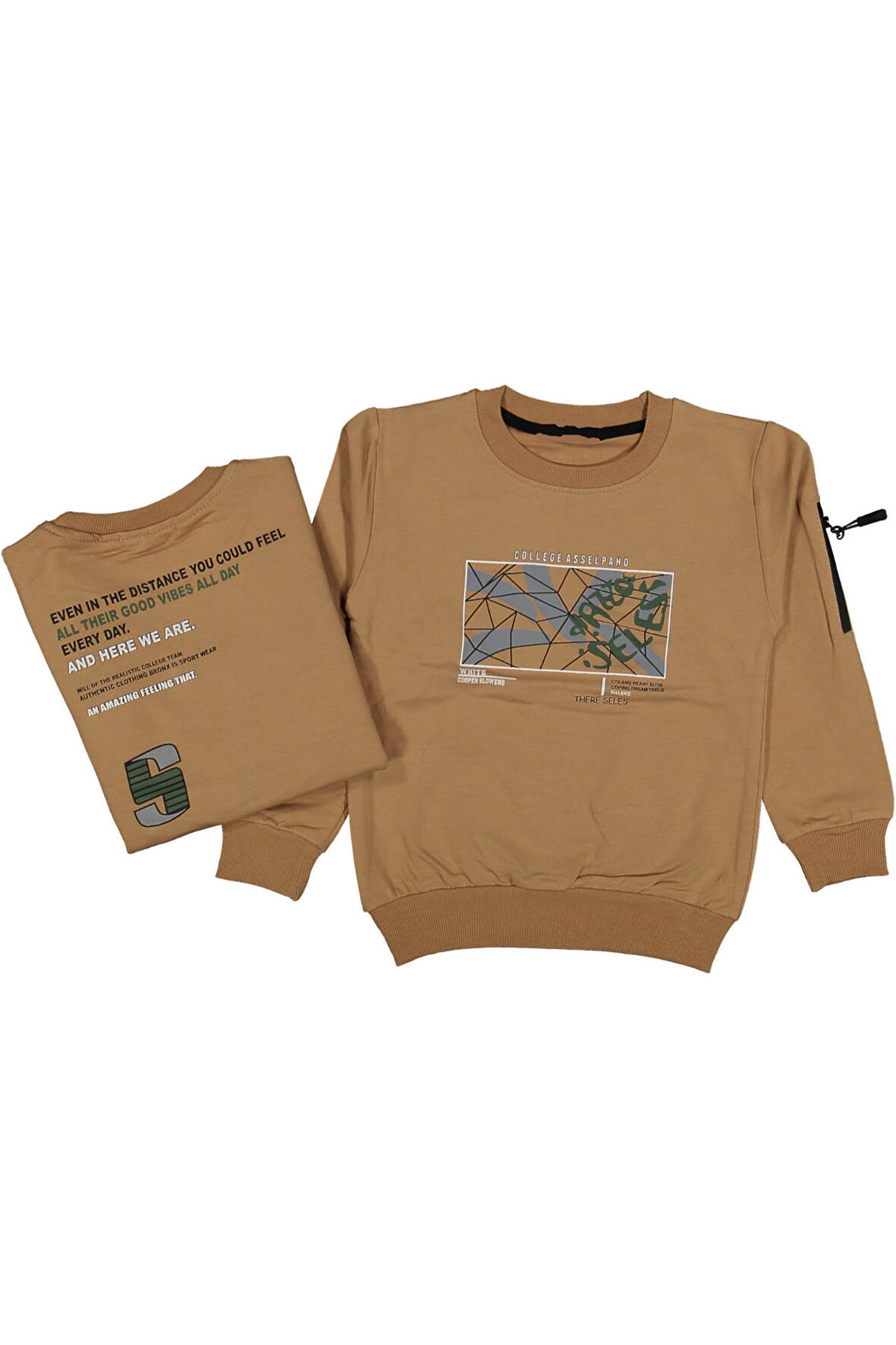 Erkek Çocuk Çift Taraf Baskılı Collage Yazı Desenli Kolu Fermuar Detaylı Açık Kahve Sweatshirt