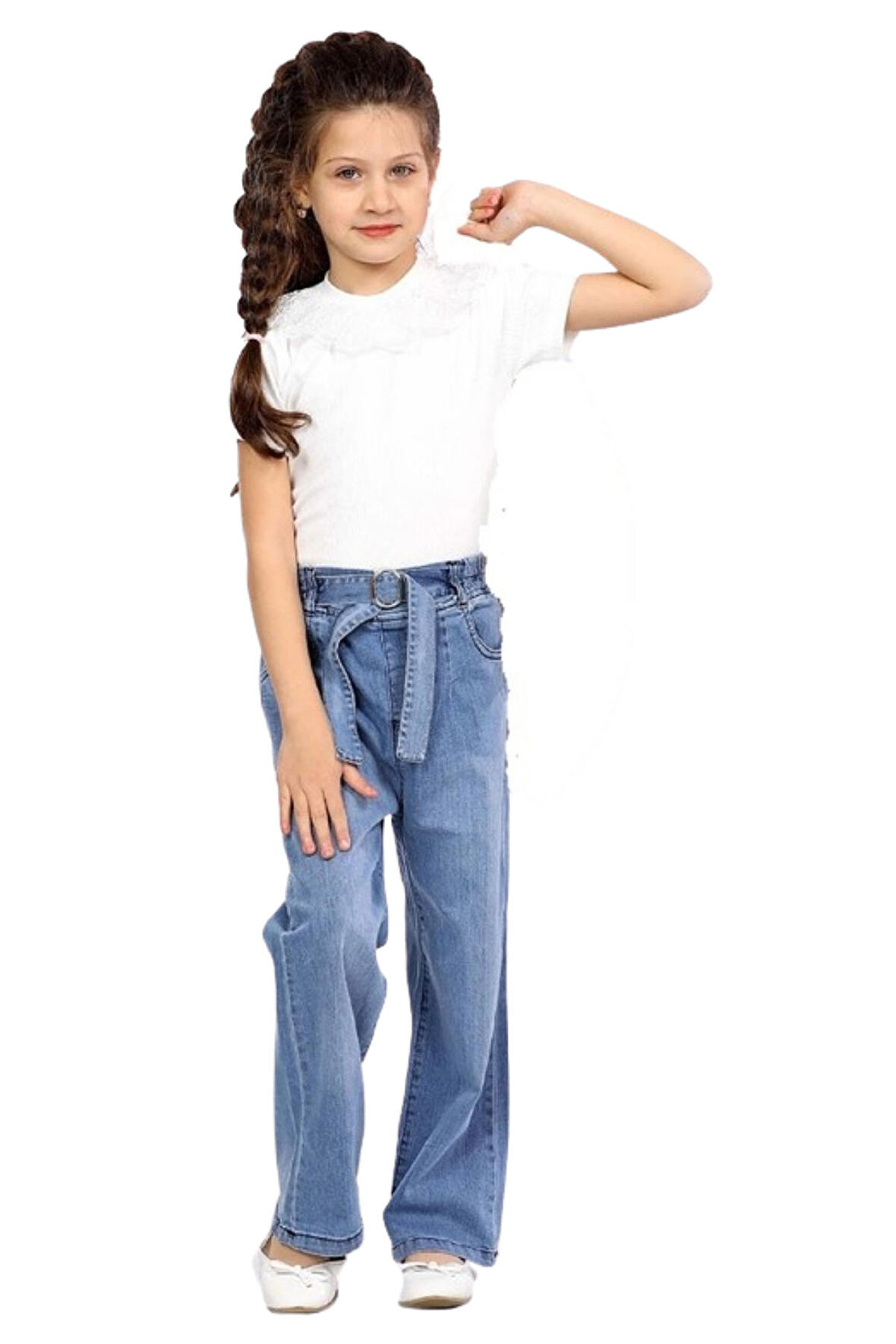 Kız Çocuk Bluzu Dantelli Ceketli Kot Pantolonlu Kiremit Renk 3lü Takım