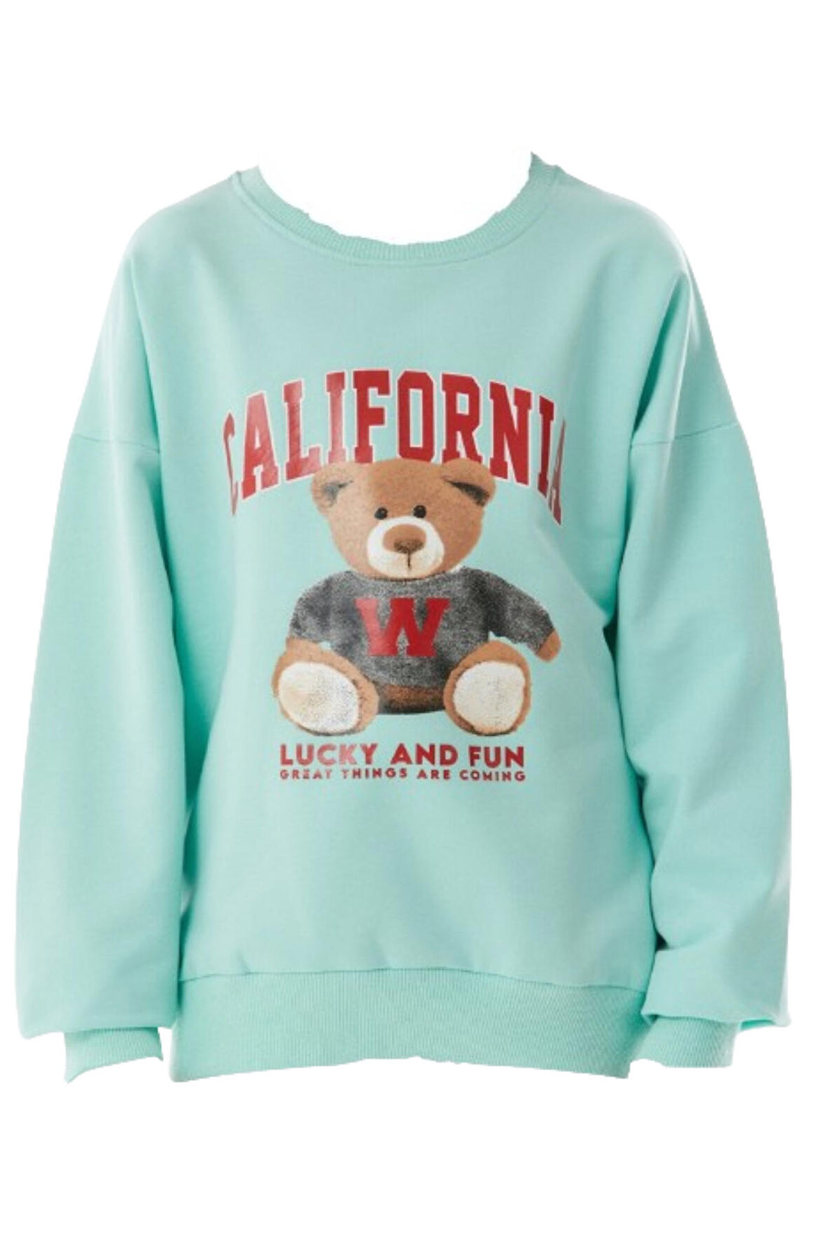 Kız Çocuk California Yazı Ayıcık Desenli Su Yeşili Sweatshirt