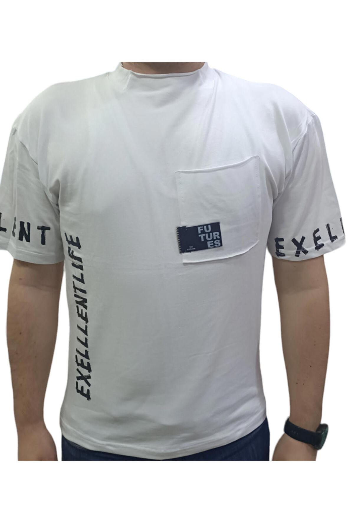 Erkek Çocuk Exellentlife Yazı Desenli Kolları Yazılı Cepli Oversize Beyaz Renk Tişört