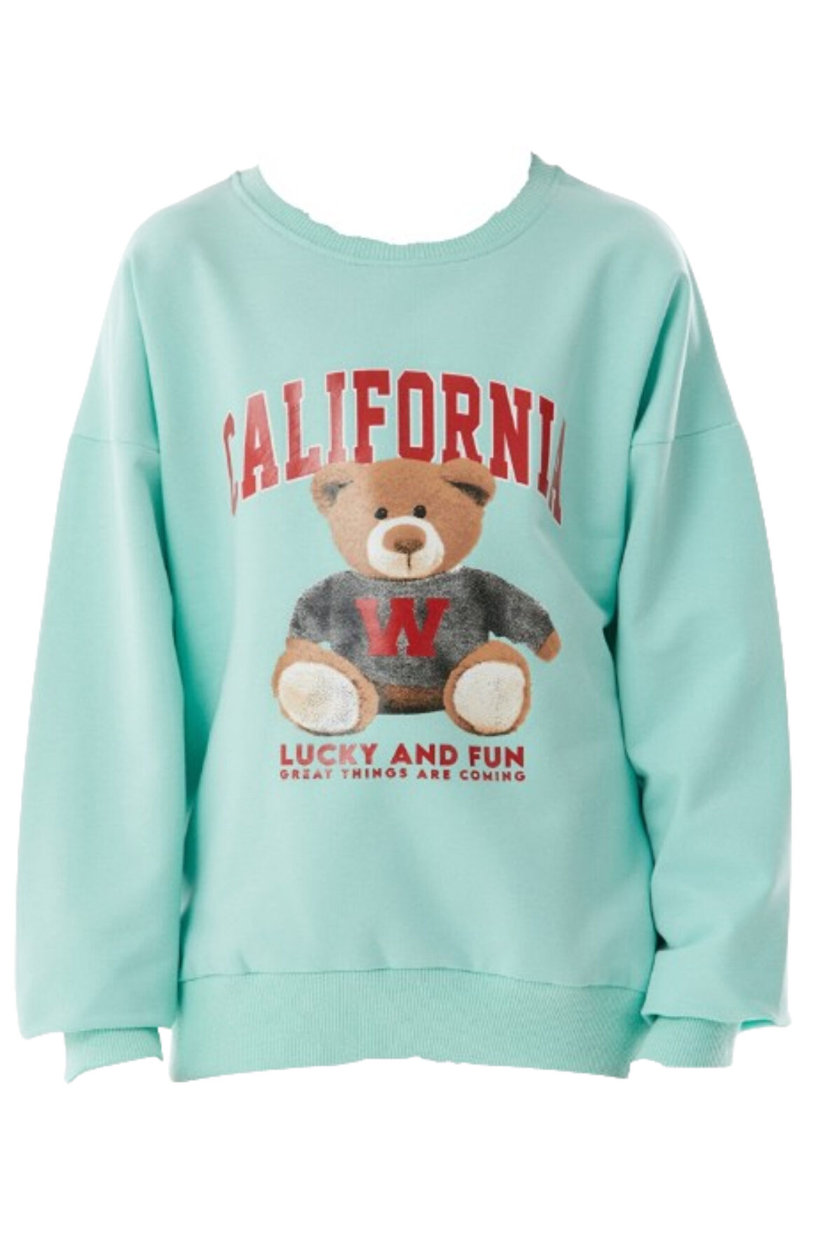 Kız Çocuk California Yazı Ayıcık Desenli Su Yeşili Sweatshirt