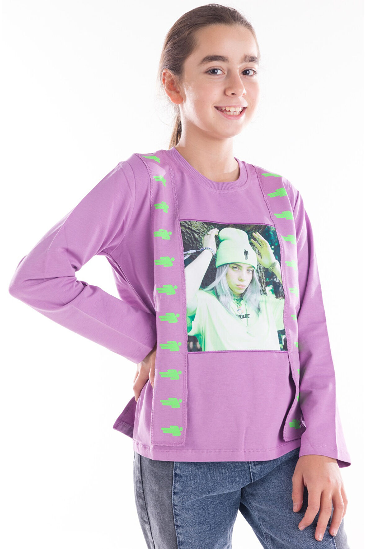 Kız Çocuk Önü Kız Resim Baskılı Lila Renk Sweatshirt
