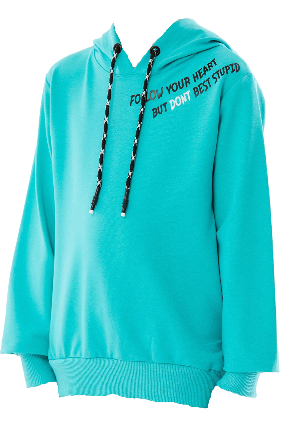 Erkek Çocuk/Kız Çocuk Çift Taraf Follow Yazı Desenli Su Yeşili Renk Kapüşonlu Sweatshirt