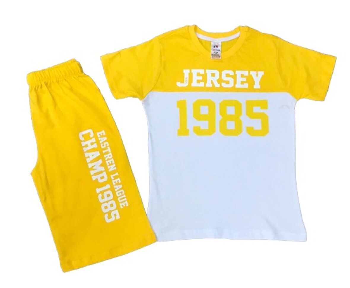 Erkek Çocuk Jersey Yazı Desenli Sarı Renk Şortlu Takım