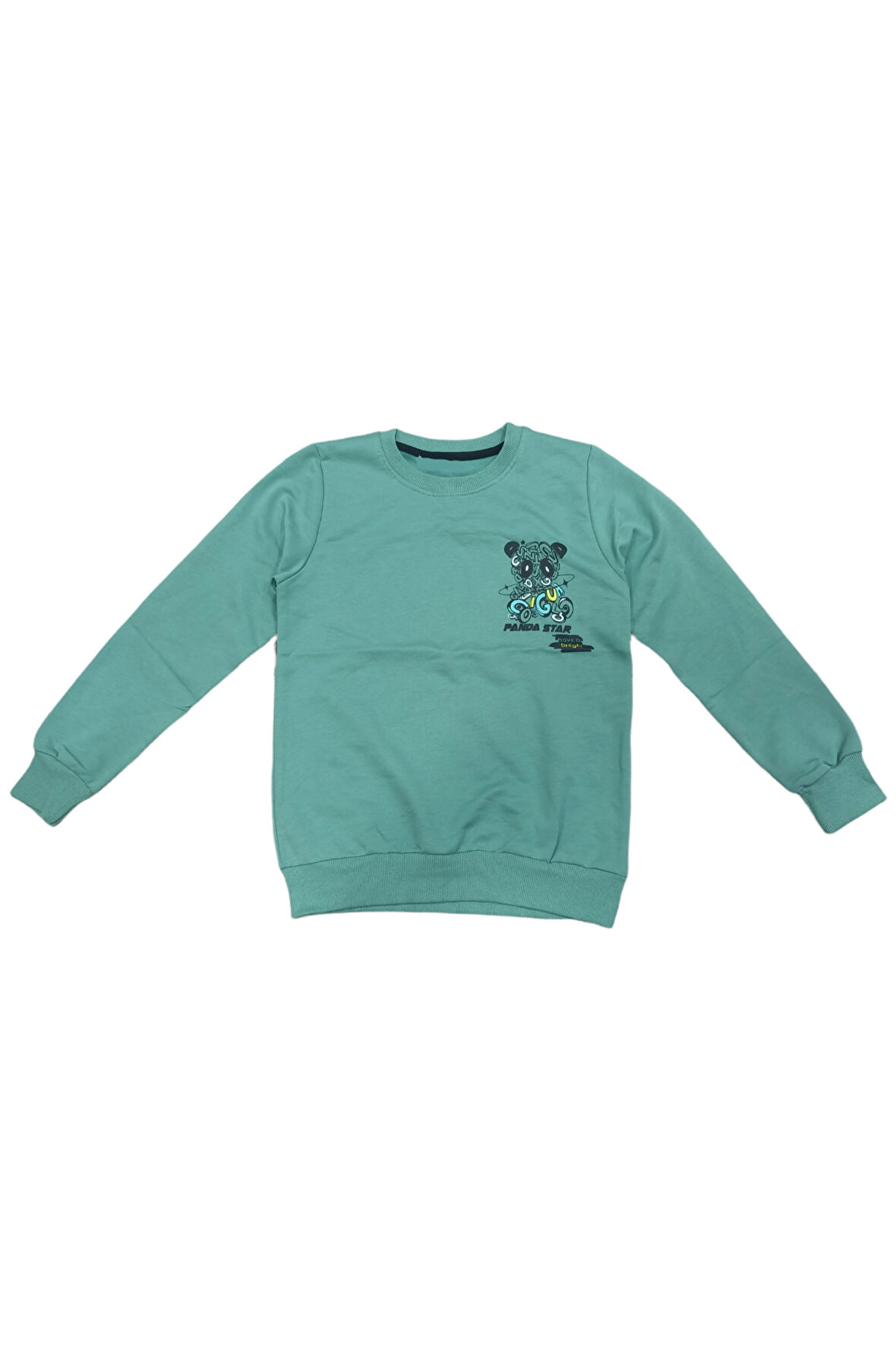 Erkek Çocuk Panda Star Önü Arkası Yazı Resim Desenli Yeşil Renk Sweatshirt