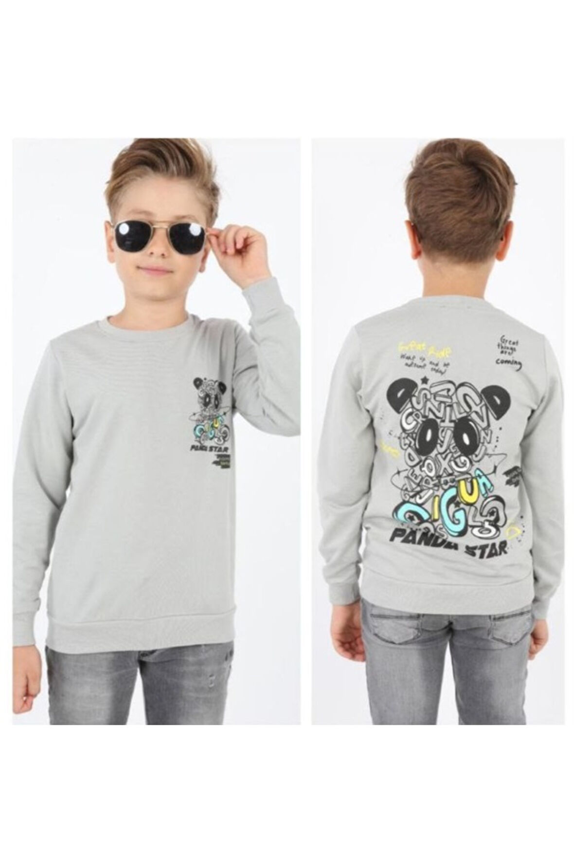 Erkek Çocuk Panda Star Önü Arkası Yazı Resim Desenli Gri Renk Sweatshirt
