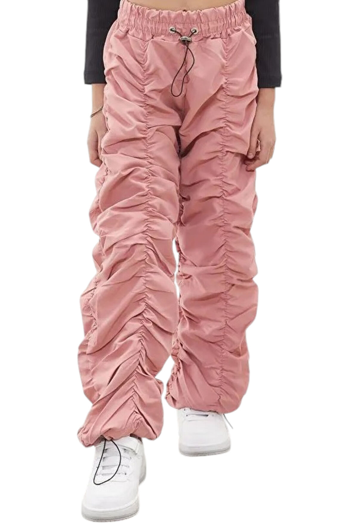 Kız Çocuk Şerit Dikişli Pembe Renk Tarz Paraşüt Kumaş Pantolon