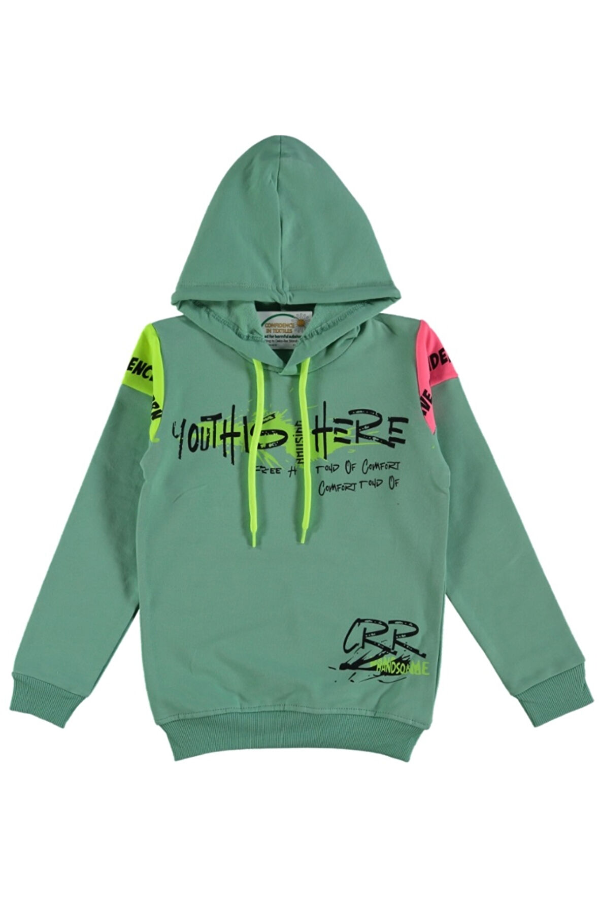 Kız Çocuk Youth Önü Omuzları Yazı Desenli Yeşil Renk Kapüşonlu Sweatshirt