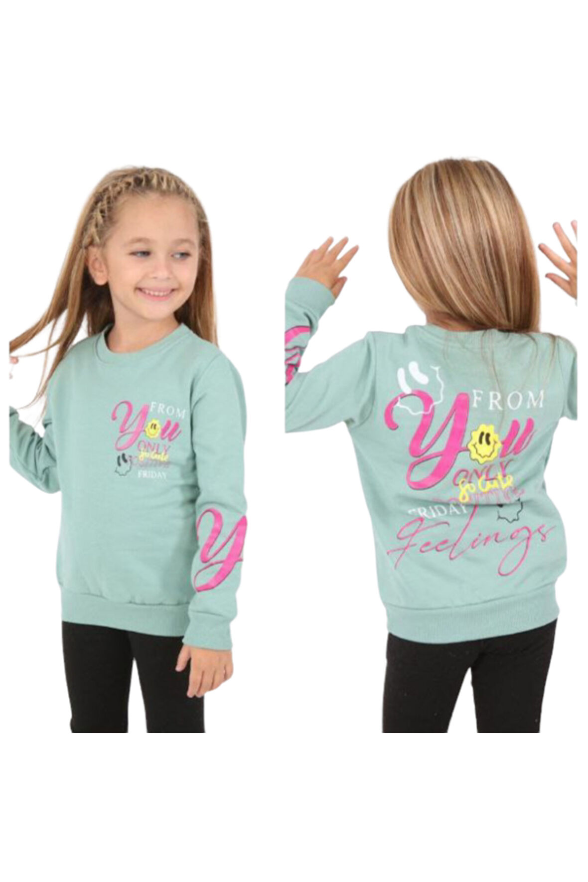 Kız Çocuk You Only Önü Arkası Yazı Resim Desenli Yeşil Renk Şardonlu Sweatshirt